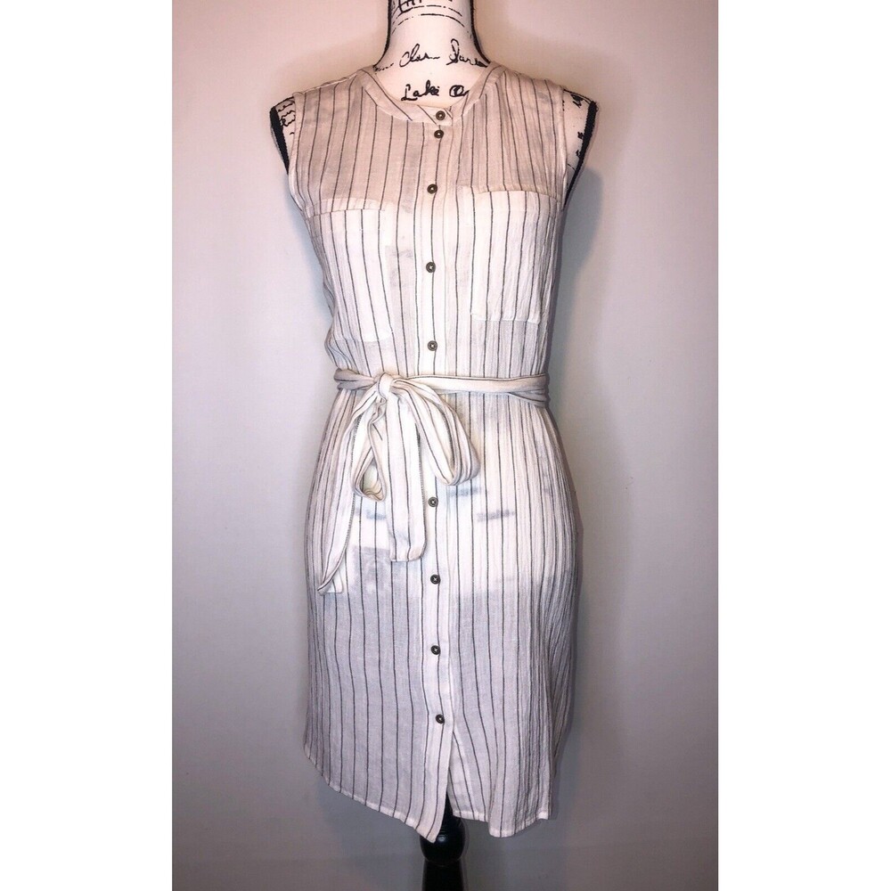 Fat Face Linen Blend Belted Mini Dress 10R White Black Stripe Button Front
